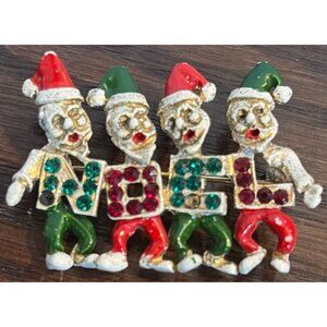 Dodds "Noel" Vintage Christmas Elves Rhinestone Brooch Pin Festive Red Green